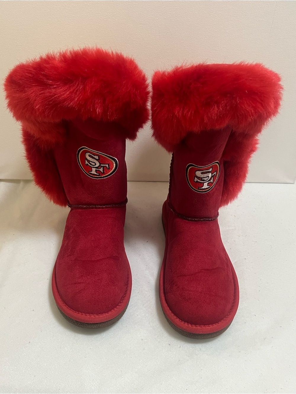 Red Faux Fur Ankle Booties with Team Logo